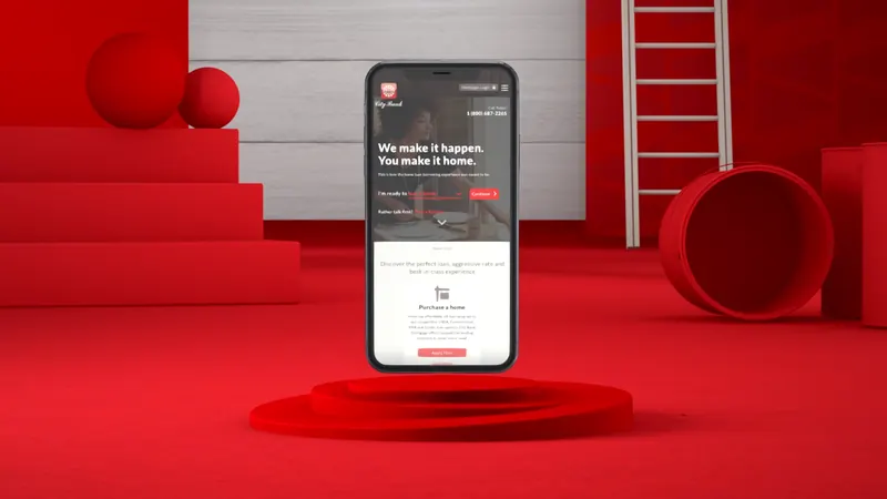 City Bank Mortgage: Homepage on a phone, red pedestal